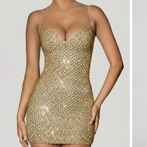 Mischa Embellished Sweetheart-Neck Mini  Women’s Dress Gold Size 2